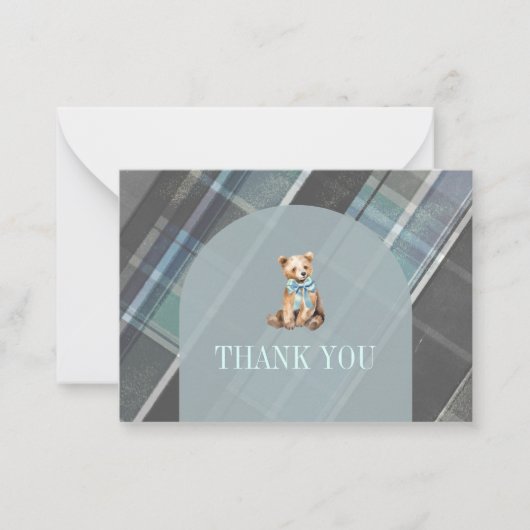 Gray & Blue Plaid Teddy Bear Baby Shower Thank You ノートカード (正面)