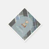 Gray & Blue Plaid Teddy Bear Boy Baby Shower スタンダードカクテルナプキン (角)