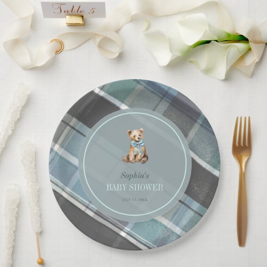 Gray & Blue Plaid Teddy Bear Boy Baby Shower ペーパープレート (ウェディング)