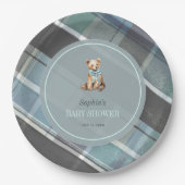 Gray & Blue Plaid Teddy Bear Boy Baby Shower ペーパープレート (正面)