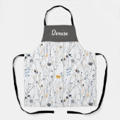 Gray Blue Watercolor Wildflower Custom Name Apron エプロン (正面)