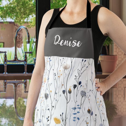 Gray Blue Watercolor Wildflower Custom Name Apron エプロン