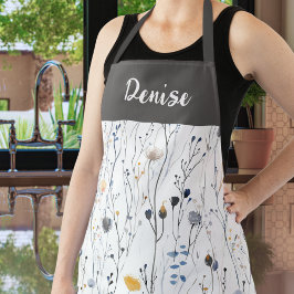 Gray Blue Watercolor Wildflower Custom Name Apron エプロン