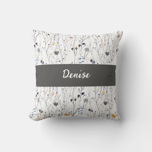 Gray Blue Watercolor Wildflower Monogram Name クッション (正面)