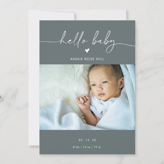 Gray Boho Photo Hello Baby Announcement Card 招待状 (正面)