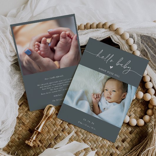 Gray Boho Photo Hello Baby Announcement Card 招待状
