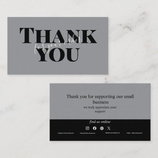 Gray Bold Thank You Card Social Media Small Busine 名刺 (正面/裏面)