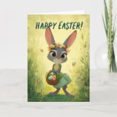 Gray Bunny Wearing Flower-Crown w/ Easter Basket カード (正面)