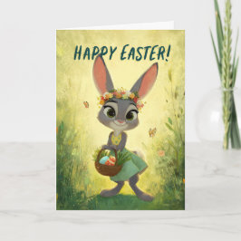 Gray Bunny Wearing Flower-Crown w/ Easter Basket カード