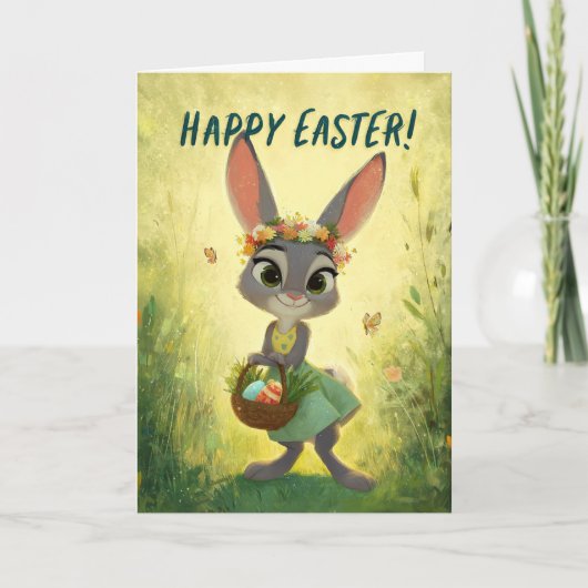 Gray Bunny Wearing Flower-Crown w/ Easter Basket カード (正面)