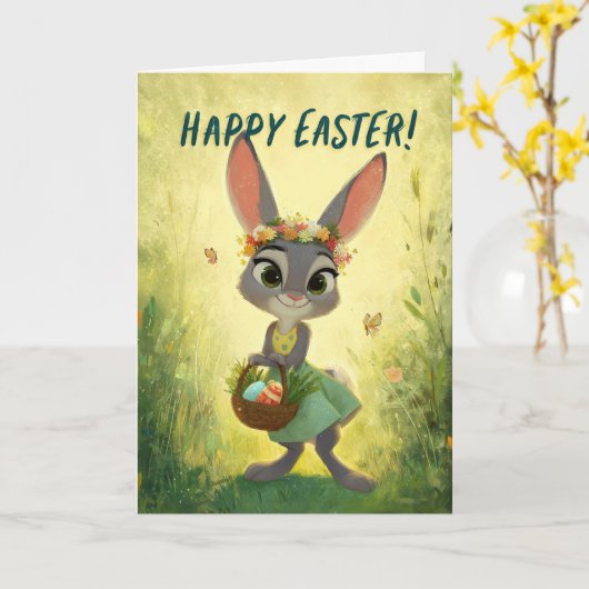 Gray Bunny Wearing Flower-Crown w/ Easter Basket カード (黄色い花)