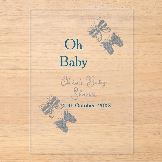 Gray butterfly blue baby shower oh baby modern ext アクリル招待状 (正面)