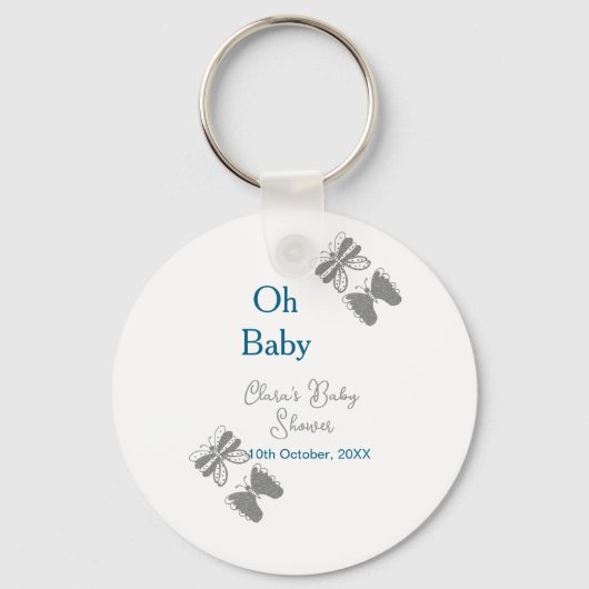 Gray butterfly blue baby shower oh baby modern ext キーホルダー (正面)