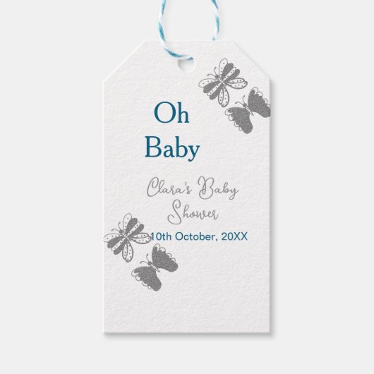Gray butterfly blue baby shower oh baby modern ext ギフトタグ (正面)
