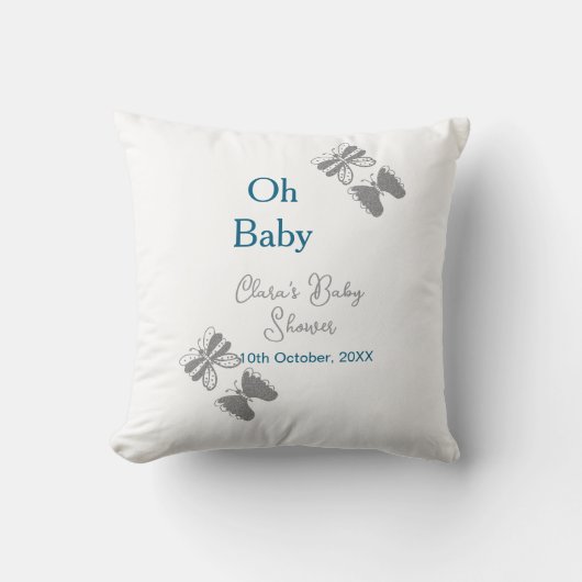 Gray butterfly blue baby shower oh baby modern ext クッション (正面)