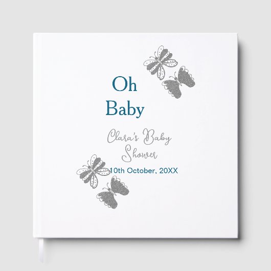 Gray butterfly blue baby shower oh baby modern ext ゲストブック (正面)