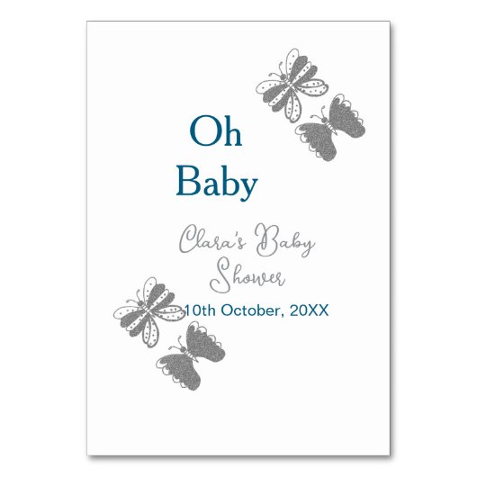 Gray butterfly blue baby shower oh baby modern ext テーブルナンバー (正面)