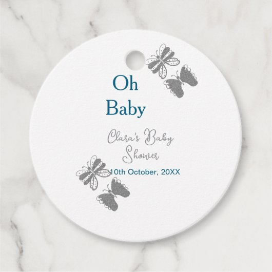 Gray butterfly blue baby shower oh baby modern ext フェイバータグ (正面)