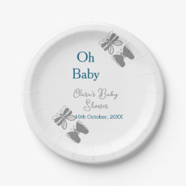 Gray butterfly blue baby shower oh baby modern ext ペーパープレート