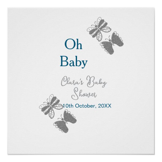 Gray butterfly blue baby shower oh baby modern ext ポスター (正面)