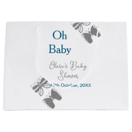Gray butterfly blue baby shower oh baby modern ext ラージペーパーバッグ