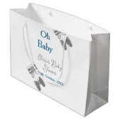 Gray butterfly blue baby shower oh baby modern ext ラージペーパーバッグ (裏面アングル)