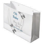 Gray butterfly blue baby shower oh baby modern ext ラージペーパーバッグ (正面アングル)