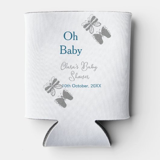 Gray butterfly blue baby shower oh baby modern ext 缶クーラー (正面)