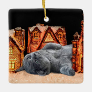 Gray Cat Christmas セラミックオーナメント