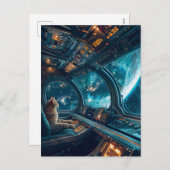 Gray cat in cockpit with Earth outside シーズンポストカード (正面/裏面)