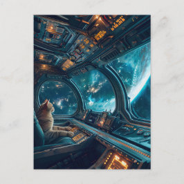 Gray cat in cockpit with Earth outside シーズンポストカード
