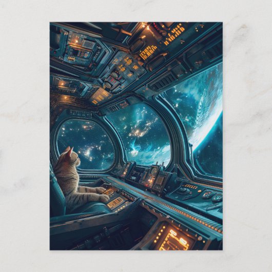 Gray cat in cockpit with Earth outside シーズンポストカード (正面)