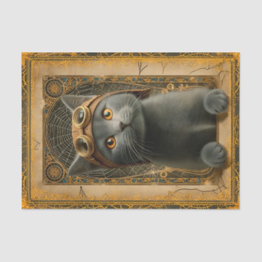Gray Cat in Ornate Steampunk Stye DZ8 Decoupage  薄葉紙 (正面)