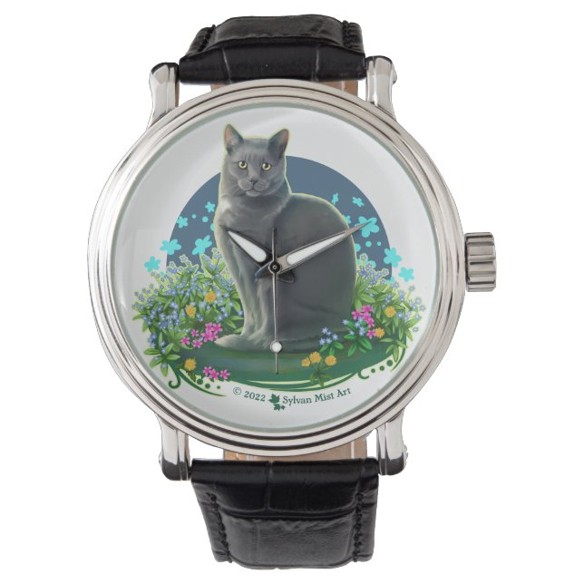 Gray Cat in the Flower Garden 腕時計 (正面)
