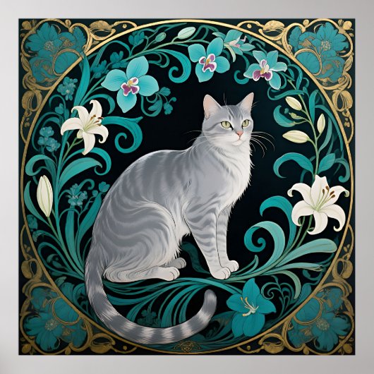 Gray Cat Ornate Floral Frame ポスター (正面)