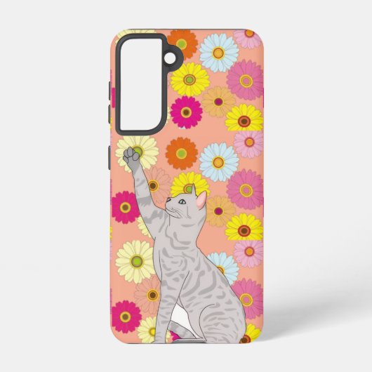 Gray Cat Reaching for Flowers Samsung Galaxy Case Galaxyケース (裏面)