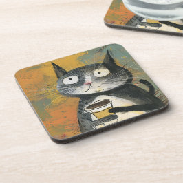 Gray Cat with Coffee on Ochre コースター