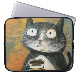 Gray Cat with Coffee on Ochre ラップトップスリーブ