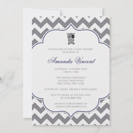 Gray Chevron Baby Showerへの招待とPanda 招待状 (正面)