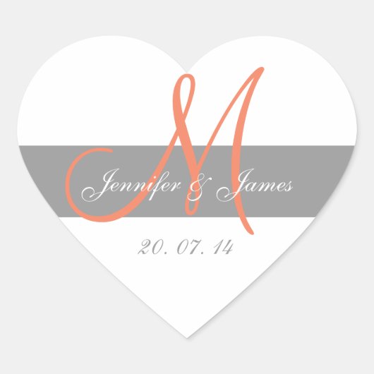Gray CoralMonogram Names結婚式の引き出物シール ハートシール (正面)