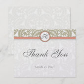 Gray Damask with Coral & Gray'結婚s Thank You サンキューカード (正面/裏面)