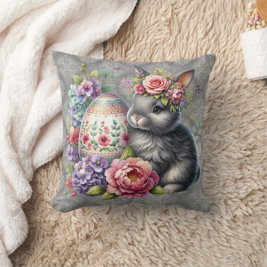 Gray Easter Bunny Damask Pattern Throw Pillow クッション (ブランケット)