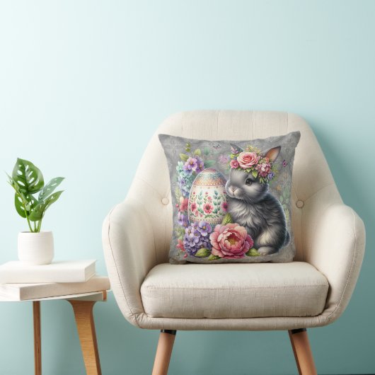 Gray Easter Bunny Damask Pattern Throw Pillow クッション (椅子)