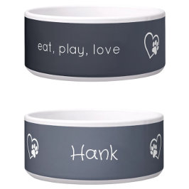 Gray 'eat, play, love' Dog Name Bowl ボウル