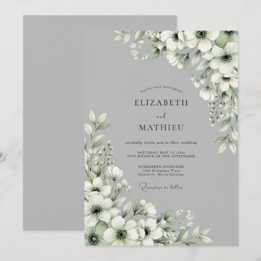 Gray Floral Bloom Wedding 招待状 (正面/裏面)