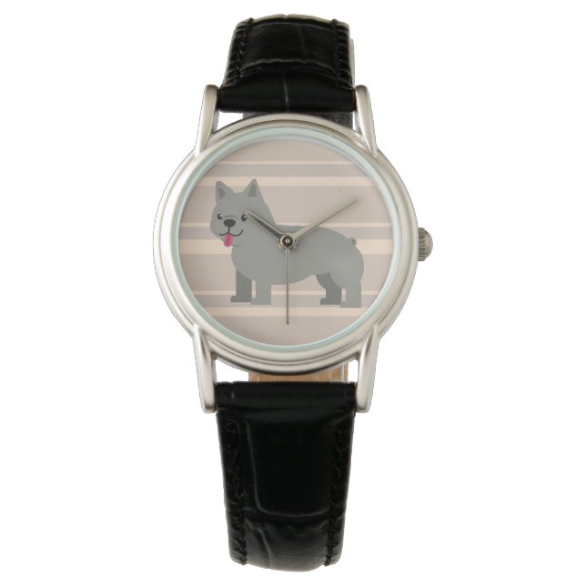 Gray French Bulldog, Beige Striped 腕時計 (正面)