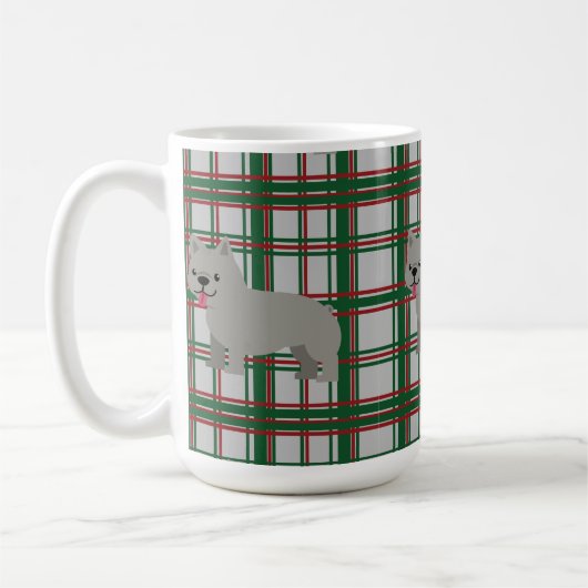 Gray French Bulldog, Christmas Plaid コーヒーマグカップ (左)