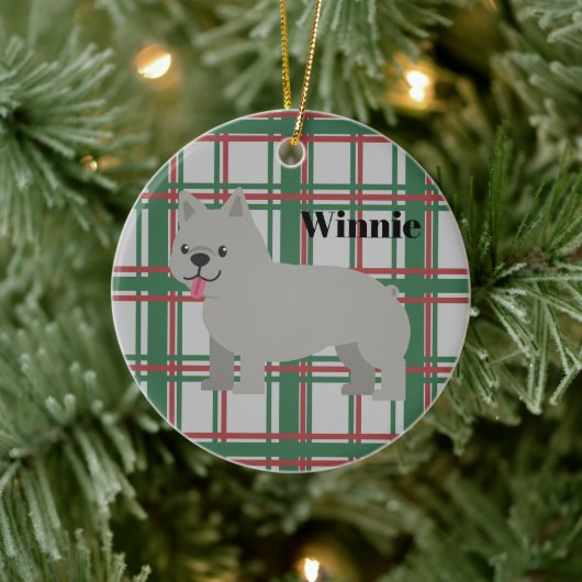 Gray French Bulldog, Christmas Plaid セラミックオーナメント (ツリー)