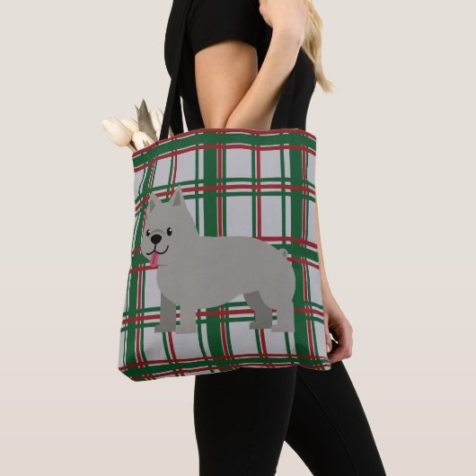 Gray French Bulldog, Christmas Plaid トートバッグ (クローズアップ)