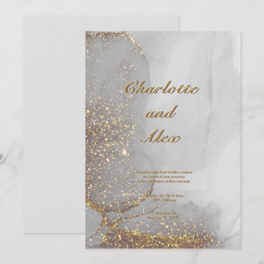 Gray Glitter Chic Alcohol Ink Wedding Invitation 招待状 (正面/裏面)